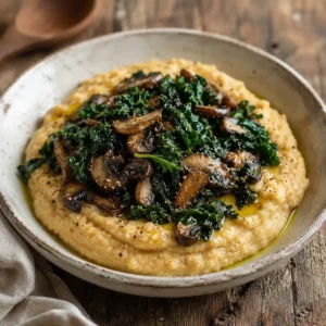 Polenta di ceci con funghi e cavolo nero in piatto rustico su tavolo di legno